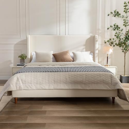 Queen Size Upholstered Platform Bed Frame, 54" High Headboard Carmen Wingback Bed, Fully Upholstered Mattress Foundation, No Box Spring Needed No Noise, Minimalist, Textured Ivory