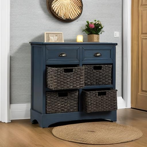 Harper & Bright Designs Rustic Storage Cabinet, Accent Storage Cabinet with 2 Drawers and 4 Classic Fabric Basket for Kitchen/Entryway/Living Room, Antique Navy
