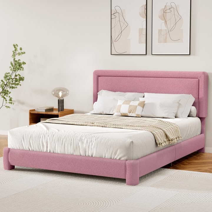 Queen Size Boucle Bed Frame, Modern Cream Bed Frame with Headboard, Soft Rounded Corners, No Box Spring Required, Adjustable Headboard, Easy Assembly