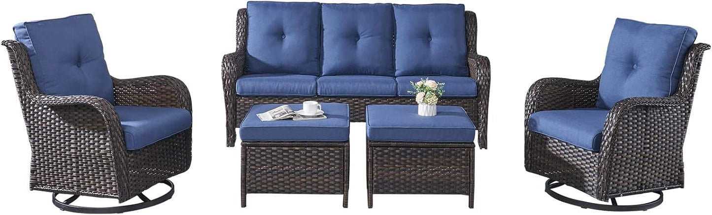 Rilyson Wicker Rocking Chair Swivel Chairs - 4 Piece Rocker Patio Chairs Set Rattan Rocking Chair for Outdoor Porch Deck Garden Backyard(Mixed Grey/Blue)