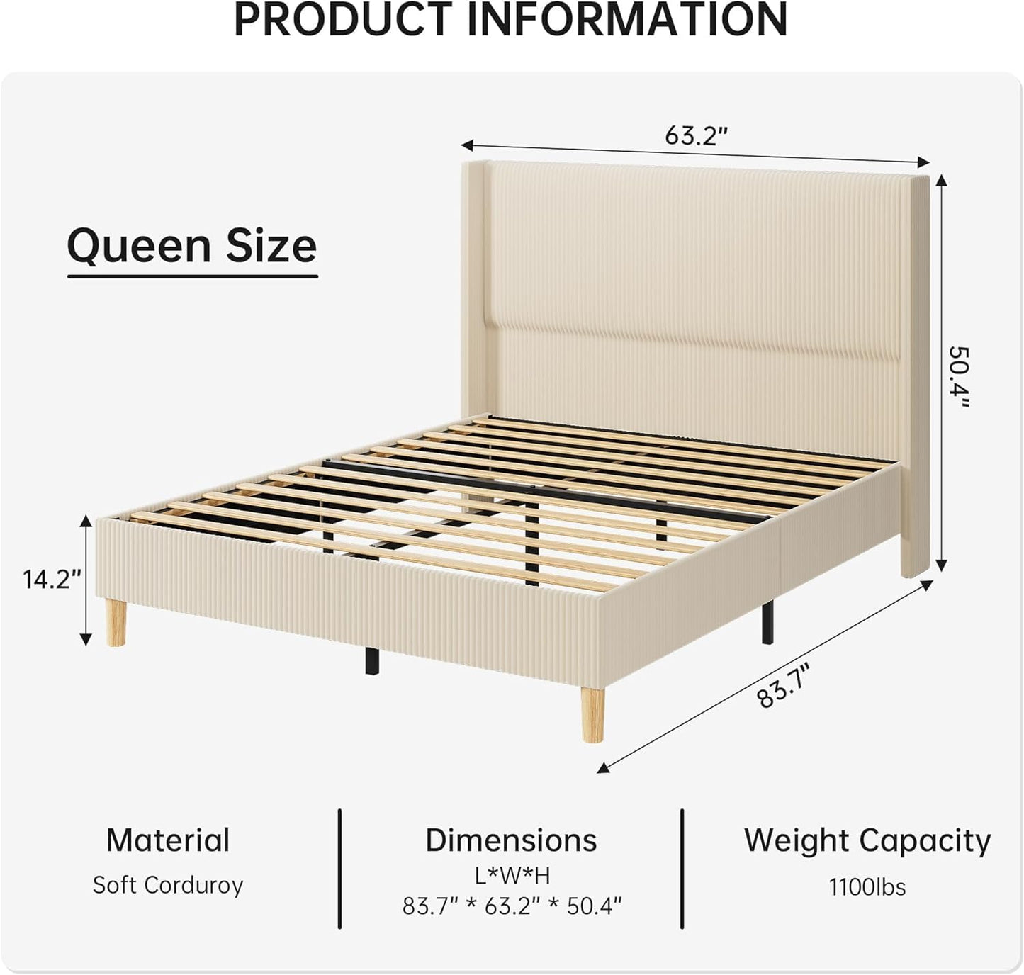 GarveeHome Queen Bed Frame, Upholstered Platform Corduroy Bed Frame with Vertical Channel Tufted Wingback Headboard, Strong Wooden Slats, No Box Spring Needed, Easy Assembly, Creamy Beige