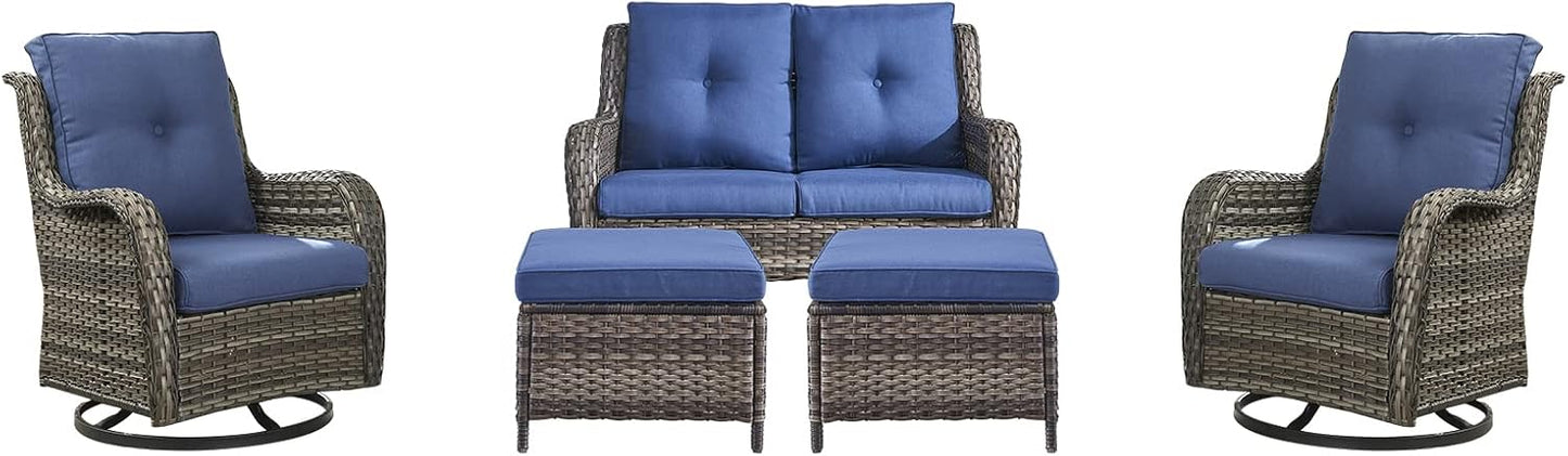 Rilyson Wicker Rocking Chair Swivel Chairs - 4 Piece Rocker Patio Chairs Set Rattan Rocking Chair for Outdoor Porch Deck Garden Backyard(Mixed Grey/Blue)