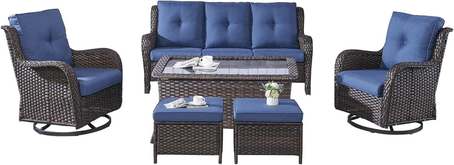 Rilyson Wicker Rocking Chair Swivel Chairs - 4 Piece Rocker Patio Chairs Set Rattan Rocking Chair for Outdoor Porch Deck Garden Backyard(Mixed Grey/Blue)