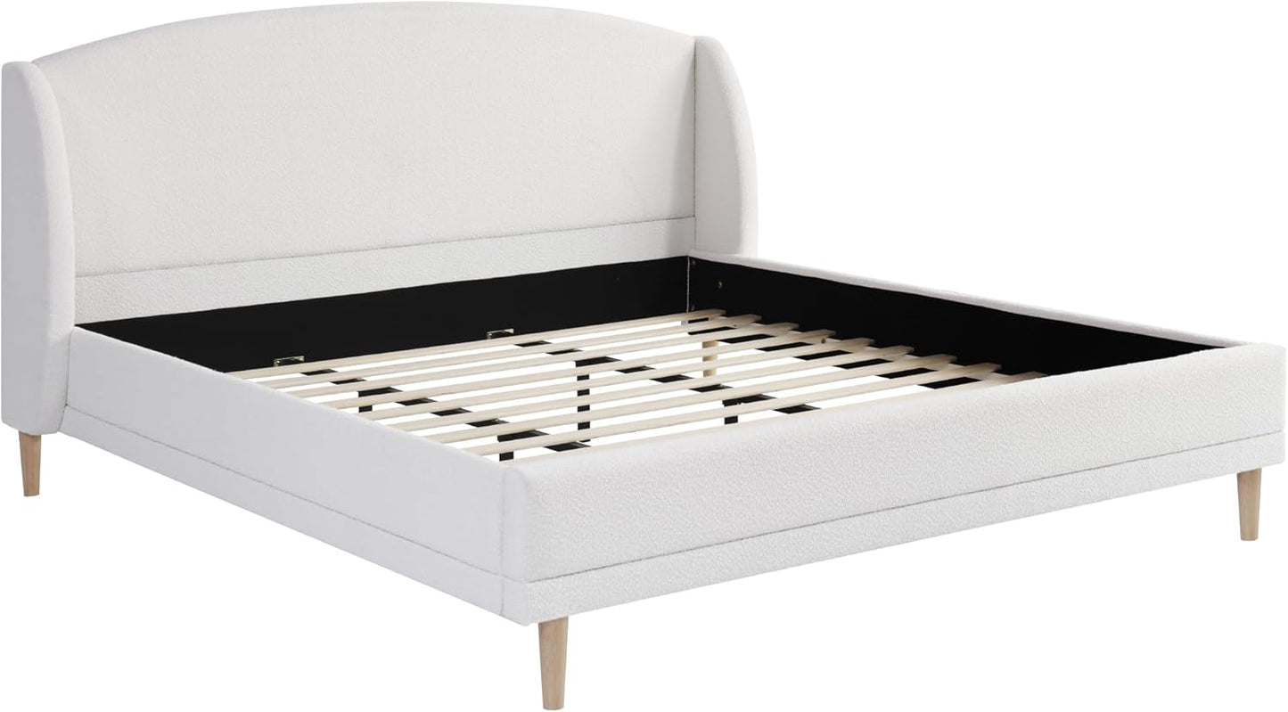 Christopher Knight Home Hazel King Size Bed Frame, Upholstered Platform Bed, Soft Boucle Wingback Headboard, Wood Bed Support and Slats, Curved-Shaped Headboard King Beds for Adult, 45.60" H White