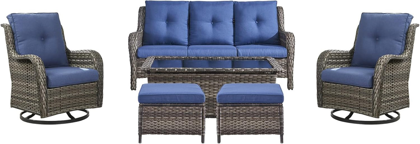 Rilyson Wicker Rocking Chair Swivel Chairs - 4 Piece Rocker Patio Chairs Set Rattan Rocking Chair for Outdoor Porch Deck Garden Backyard(Mixed Grey/Blue)