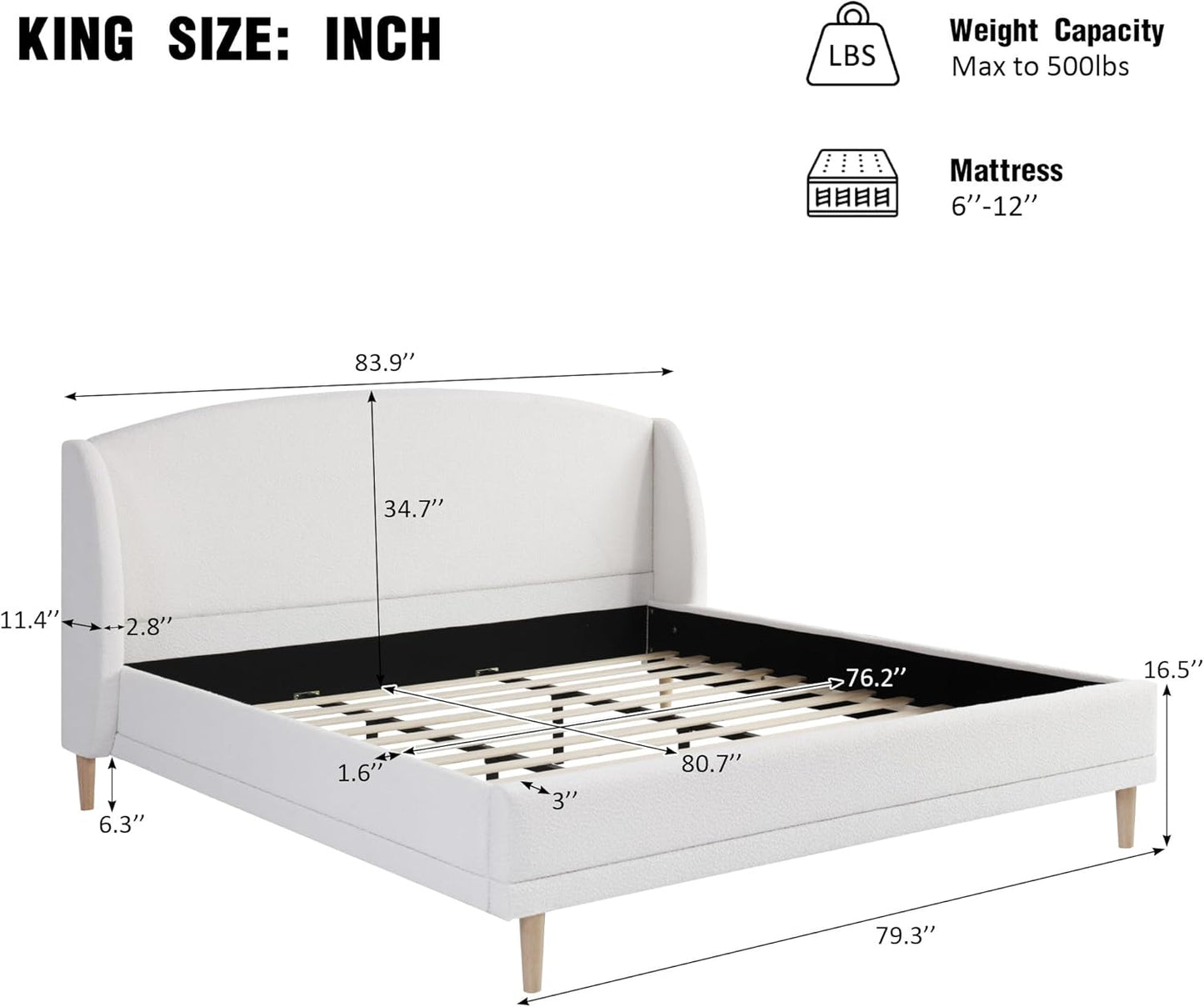 Christopher Knight Home Hazel King Size Bed Frame, Upholstered Platform Bed, Soft Boucle Wingback Headboard, Wood Bed Support and Slats, Curved-Shaped Headboard King Beds for Adult, 45.60" H White