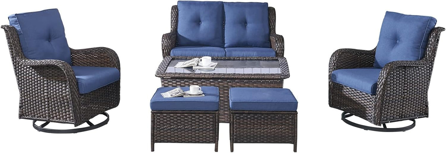 Rilyson Wicker Rocking Chair Swivel Chairs - 4 Piece Rocker Patio Chairs Set Rattan Rocking Chair for Outdoor Porch Deck Garden Backyard(Mixed Grey/Blue)