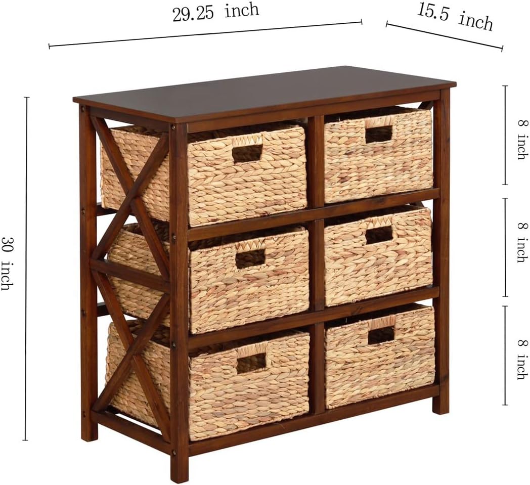 eHemco 3 Tier X-Side End Storage Cabinet with 6 Wicker Baskets, Walnut