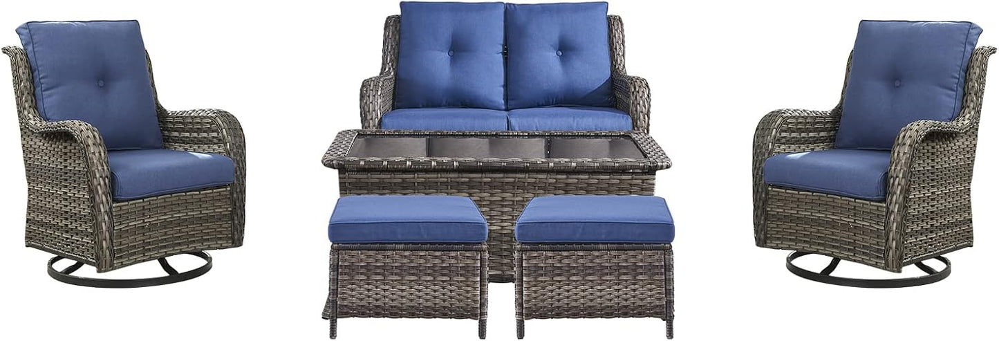 Rilyson Wicker Rocking Chair Swivel Chairs - 4 Piece Rocker Patio Chairs Set Rattan Rocking Chair for Outdoor Porch Deck Garden Backyard(Mixed Grey/Blue)