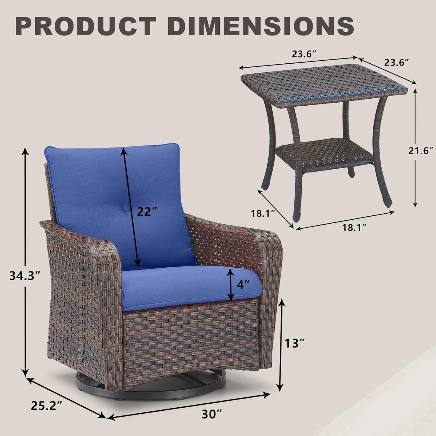 Rilyson Outdoor Patio Swivel Rocker Chairs - 3 PC Wicker Patio Bistro Sets with High Back,Comfy Cushions, Deep Seating and Side Table for Porch Deck Backyard Garden(Brown/Blue)