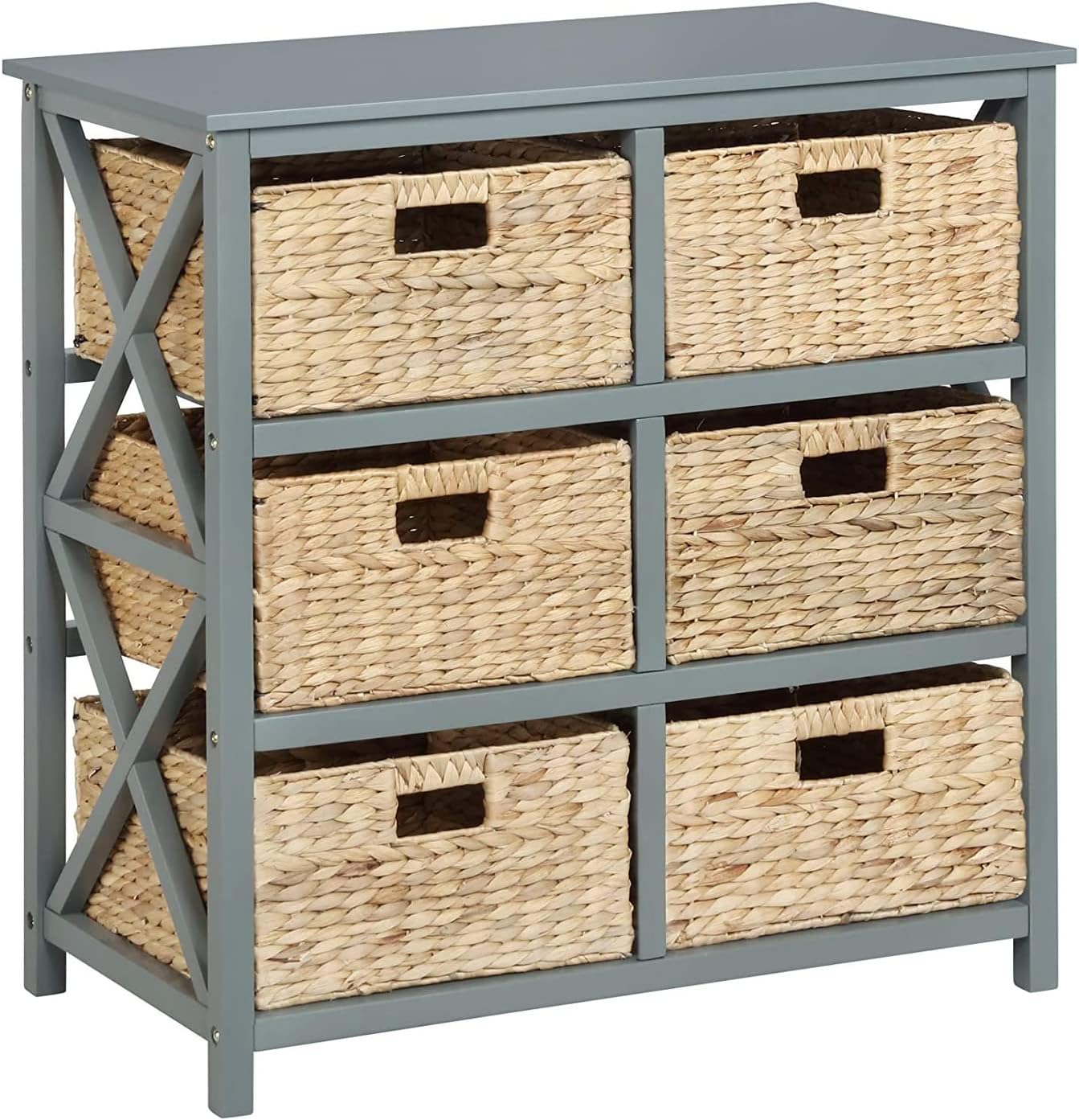 eHemco 3 Tier X-Side End Storage Cabinet with 6 Wicker Baskets, Walnut