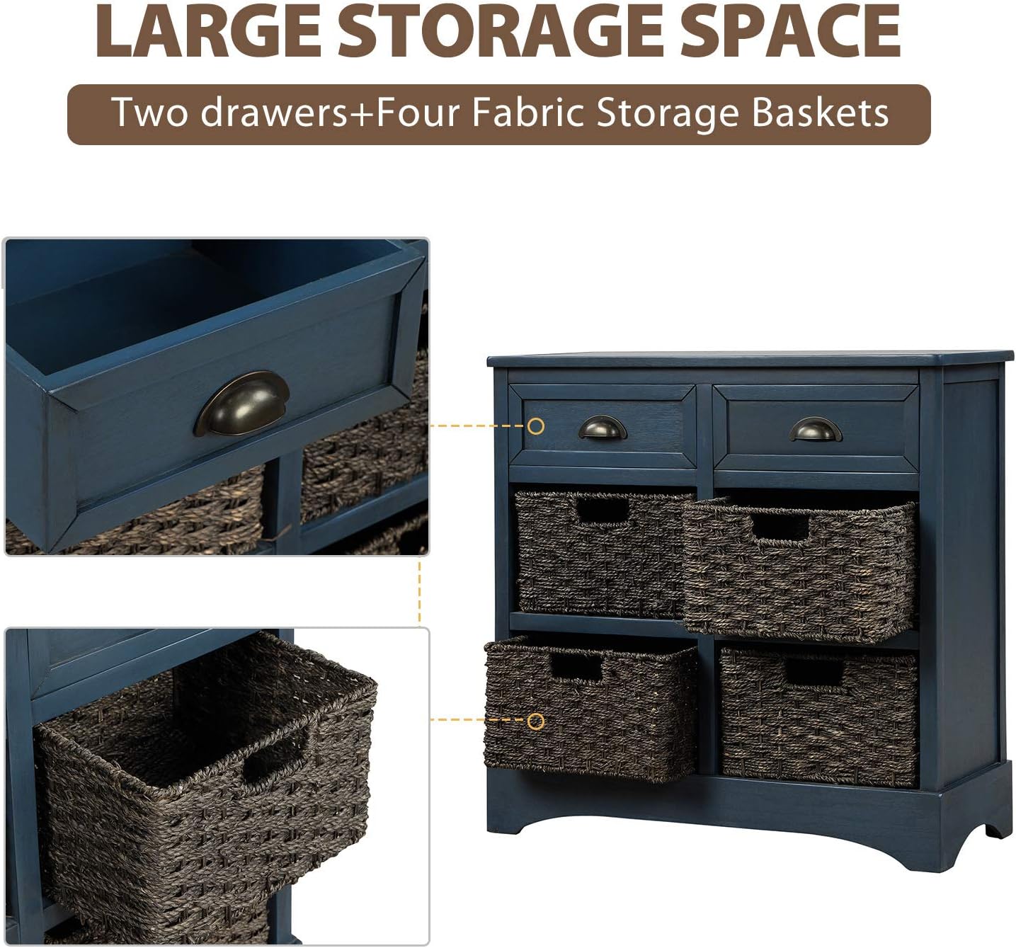 Harper & Bright Designs Rustic Storage Cabinet, Accent Storage Cabinet with 2 Drawers and 4 Classic Fabric Basket for Kitchen/Entryway/Living Room, Antique Navy