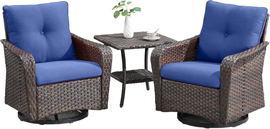 Rilyson Outdoor Patio Swivel Rocker Chairs - 3 PC Wicker Patio Bistro Sets with High Back,Comfy Cushions, Deep Seating and Side Table for Porch Deck Backyard Garden(Brown/Blue)