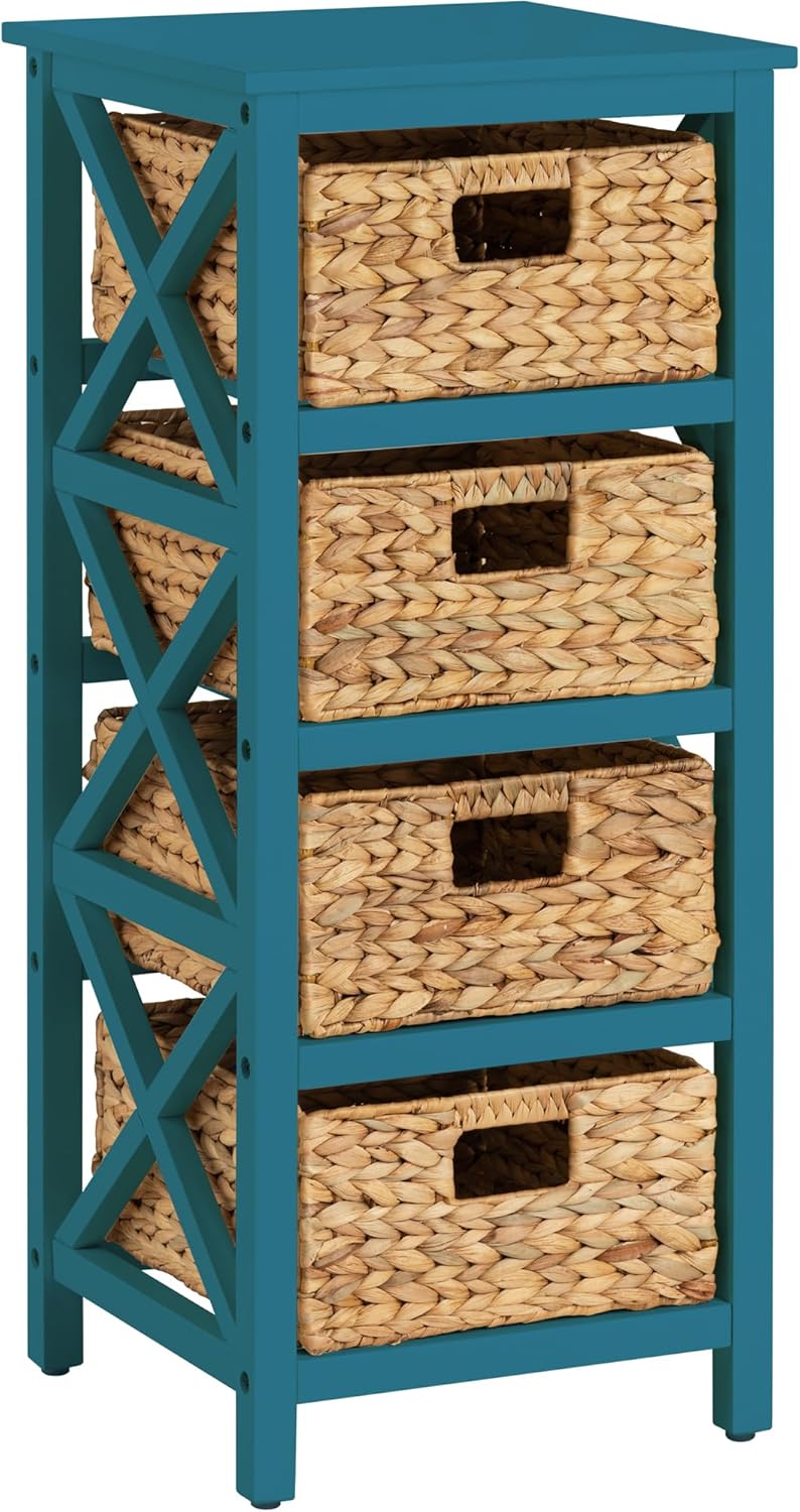 eHemco 3 Tier X-Side End Storage Cabinet with 6 Wicker Baskets, Walnut
