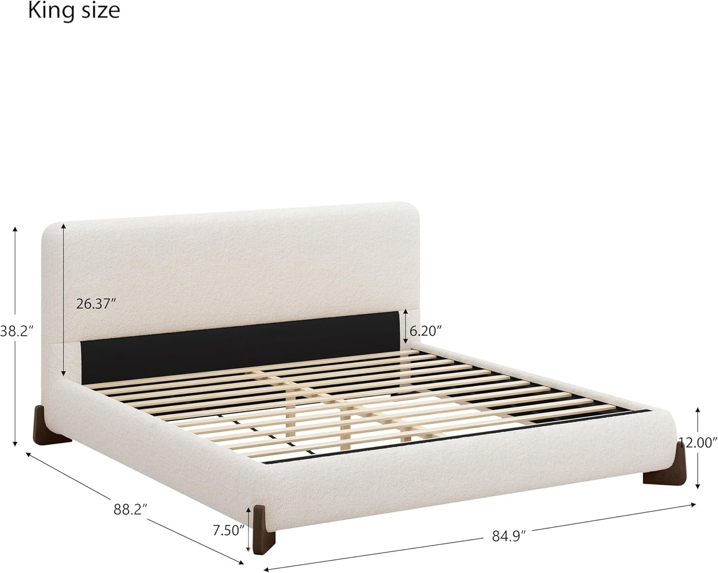 Merax Boucle Upholstered Bed, King Bed Frame and Headboard, Platform Bedframe, No Box Spring Required, Easy Assembly, White