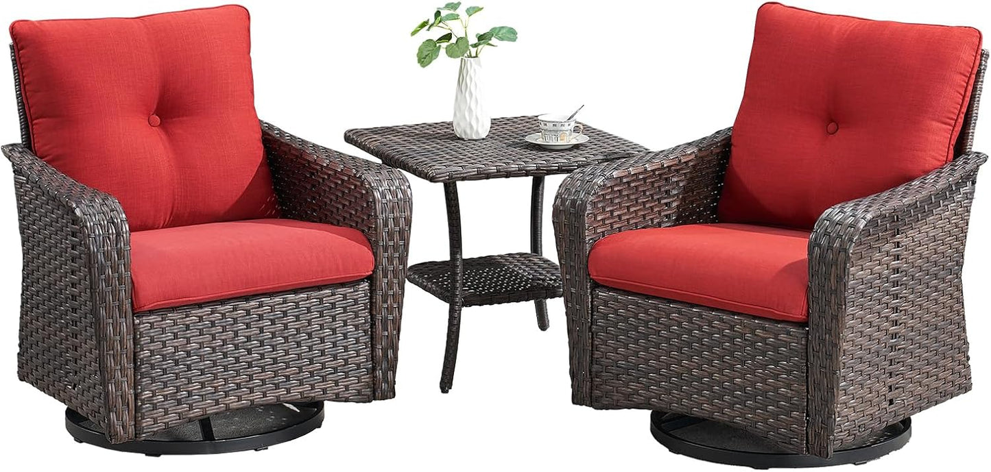 Rilyson Outdoor Patio Swivel Rocker Chairs - 3 PC Wicker Patio Bistro Sets with High Back,Comfy Cushions, Deep Seating and Side Table for Porch Deck Backyard Garden(Brown/Blue)