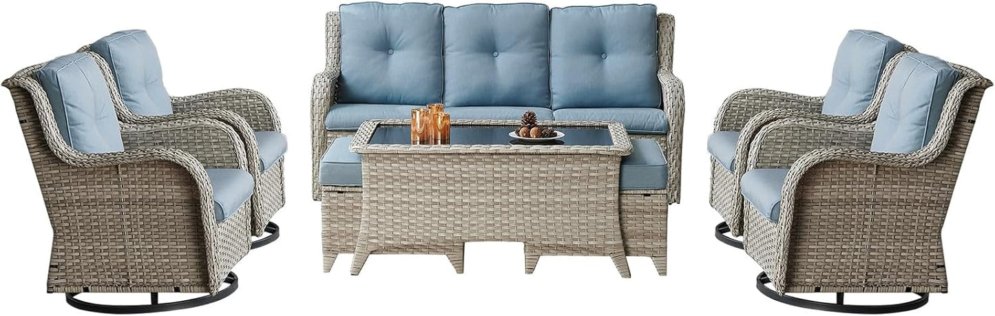 Rilyson Wicker Rocking Chair Swivel Chairs - 4 Piece Rocker Patio Chairs Set Rattan Rocking Chair for Outdoor Porch Deck Garden Backyard(Mixed Grey/Blue)