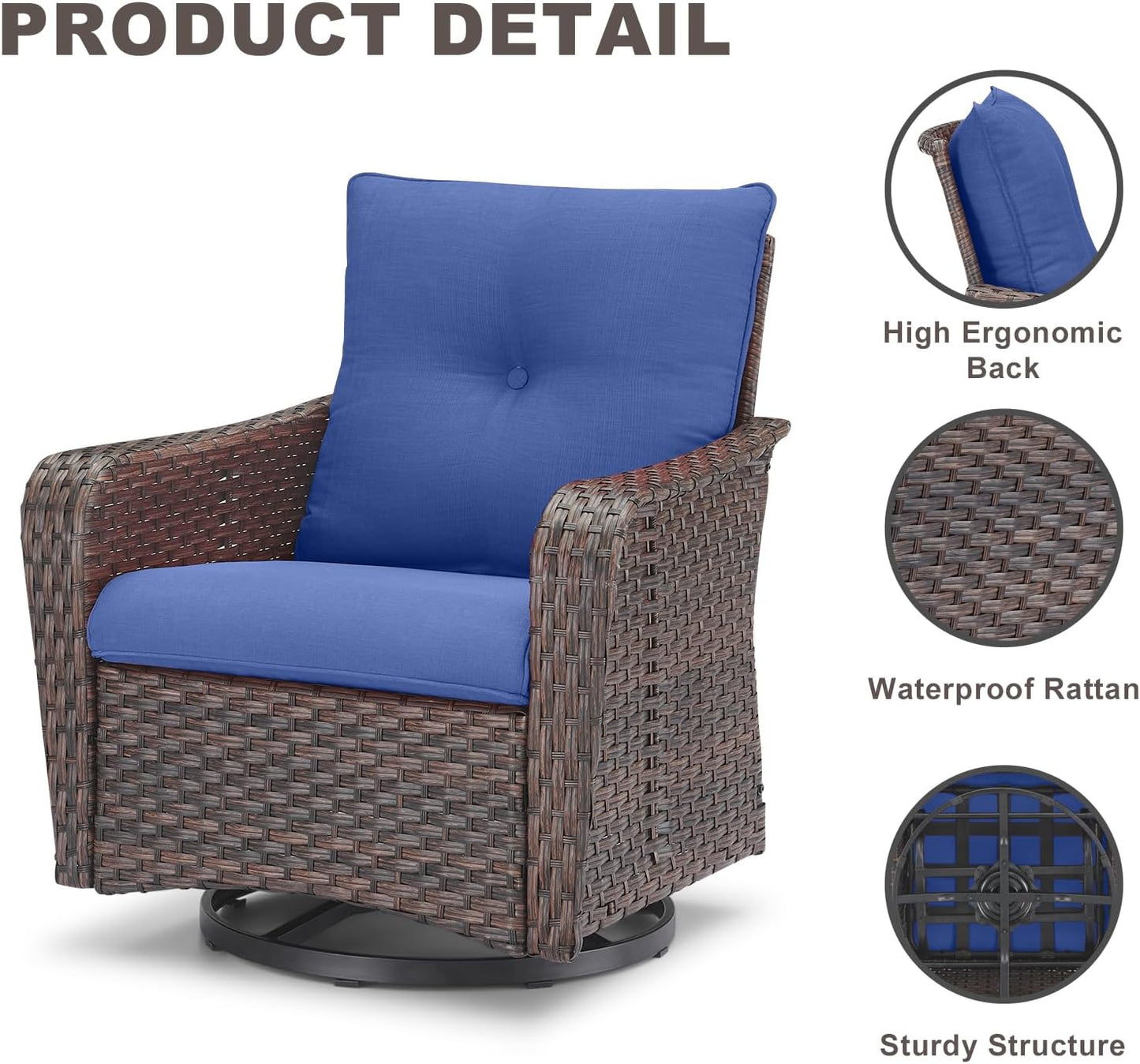Rilyson Outdoor Patio Swivel Rocker Chairs - 3 PC Wicker Patio Bistro Sets with High Back,Comfy Cushions, Deep Seating and Side Table for Porch Deck Backyard Garden(Brown/Blue)