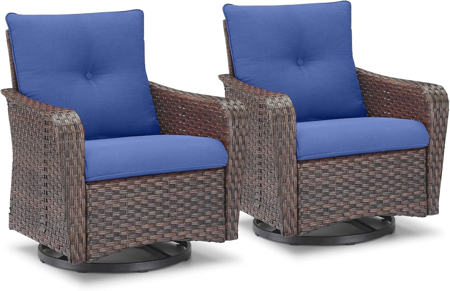 Rilyson Outdoor Patio Swivel Rocker Chairs - 3 PC Wicker Patio Bistro Sets with High Back,Comfy Cushions, Deep Seating and Side Table for Porch Deck Backyard Garden(Brown/Blue)