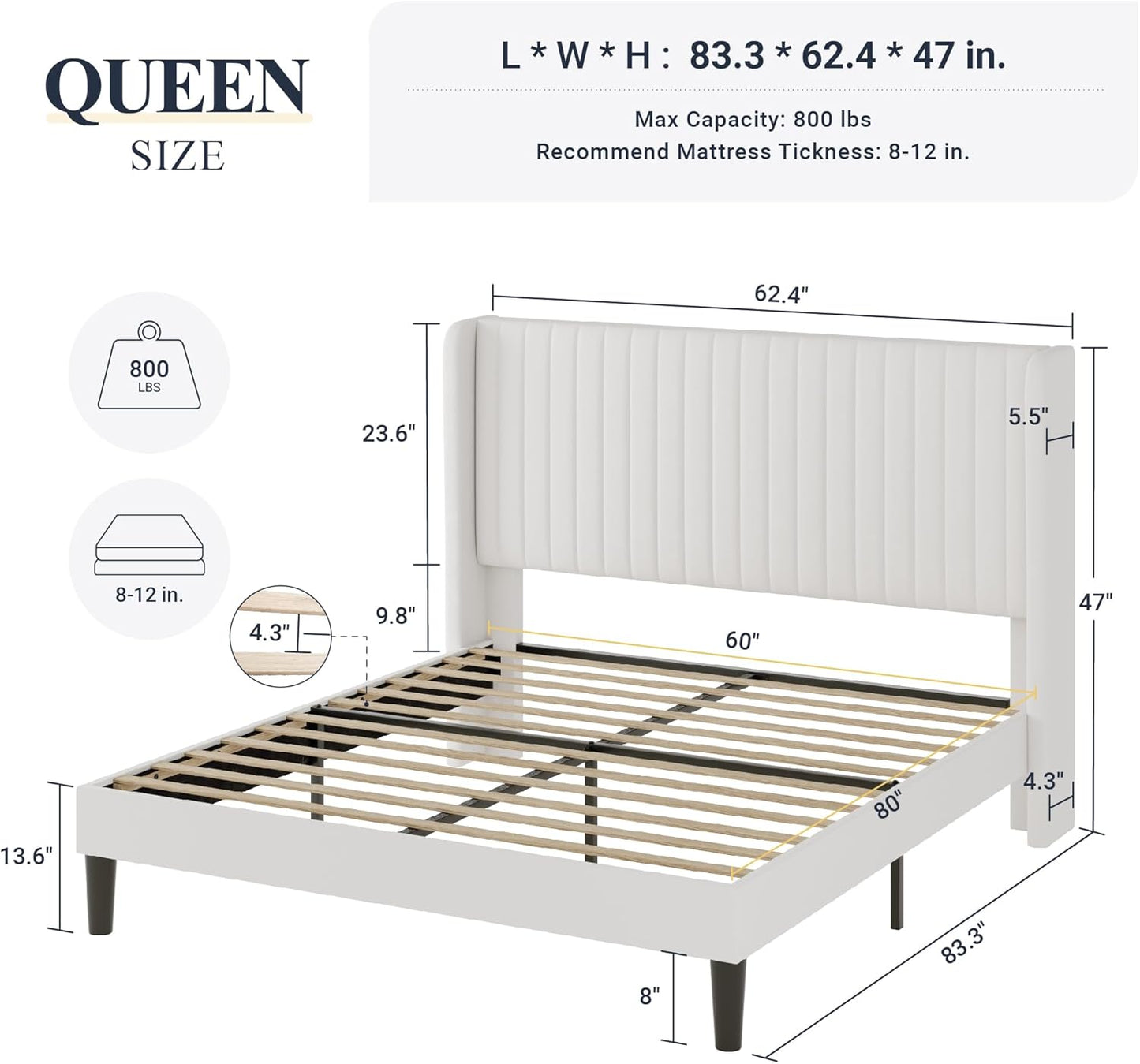 Allewie Queen Size Velvet Bed Frame/Vertical Channel Tufted Wingback Headboard/Upholstered Platform Bed/Strong Wooden Slats/No Box Spring Needed/Easy Assembly/White
