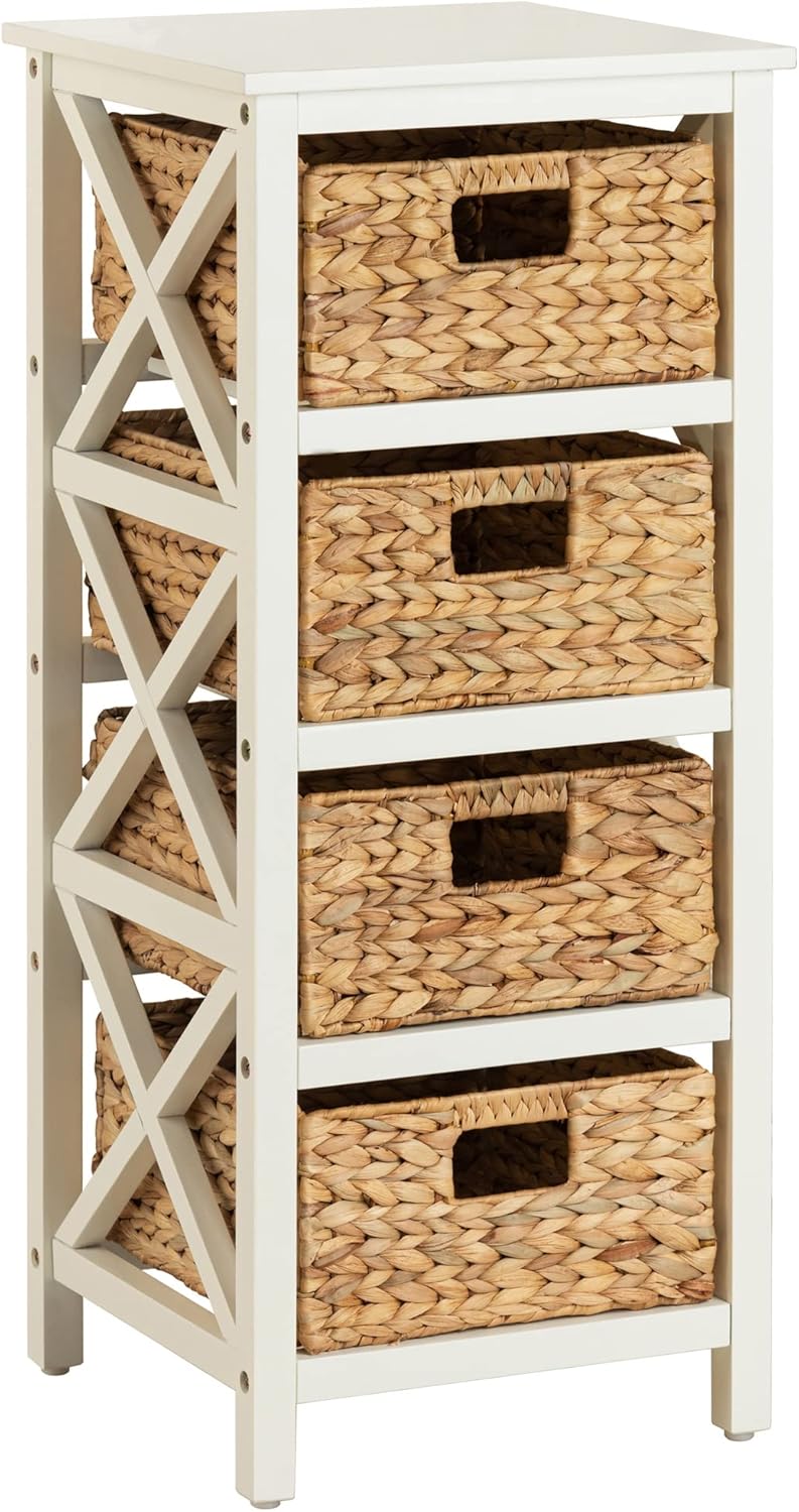 eHemco 3 Tier X-Side End Storage Cabinet with 6 Wicker Baskets, Walnut