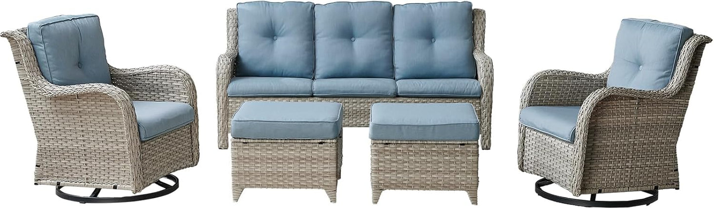 Rilyson Wicker Rocking Chair Swivel Chairs - 4 Piece Rocker Patio Chairs Set Rattan Rocking Chair for Outdoor Porch Deck Garden Backyard(Mixed Grey/Blue)