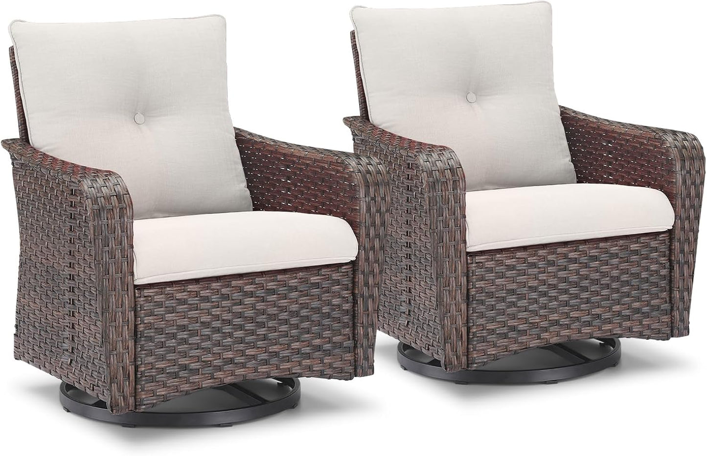 Rilyson Outdoor Patio Swivel Rocker Chairs - 3 PC Wicker Patio Bistro Sets with High Back,Comfy Cushions, Deep Seating and Side Table for Porch Deck Backyard Garden(Brown/Blue)