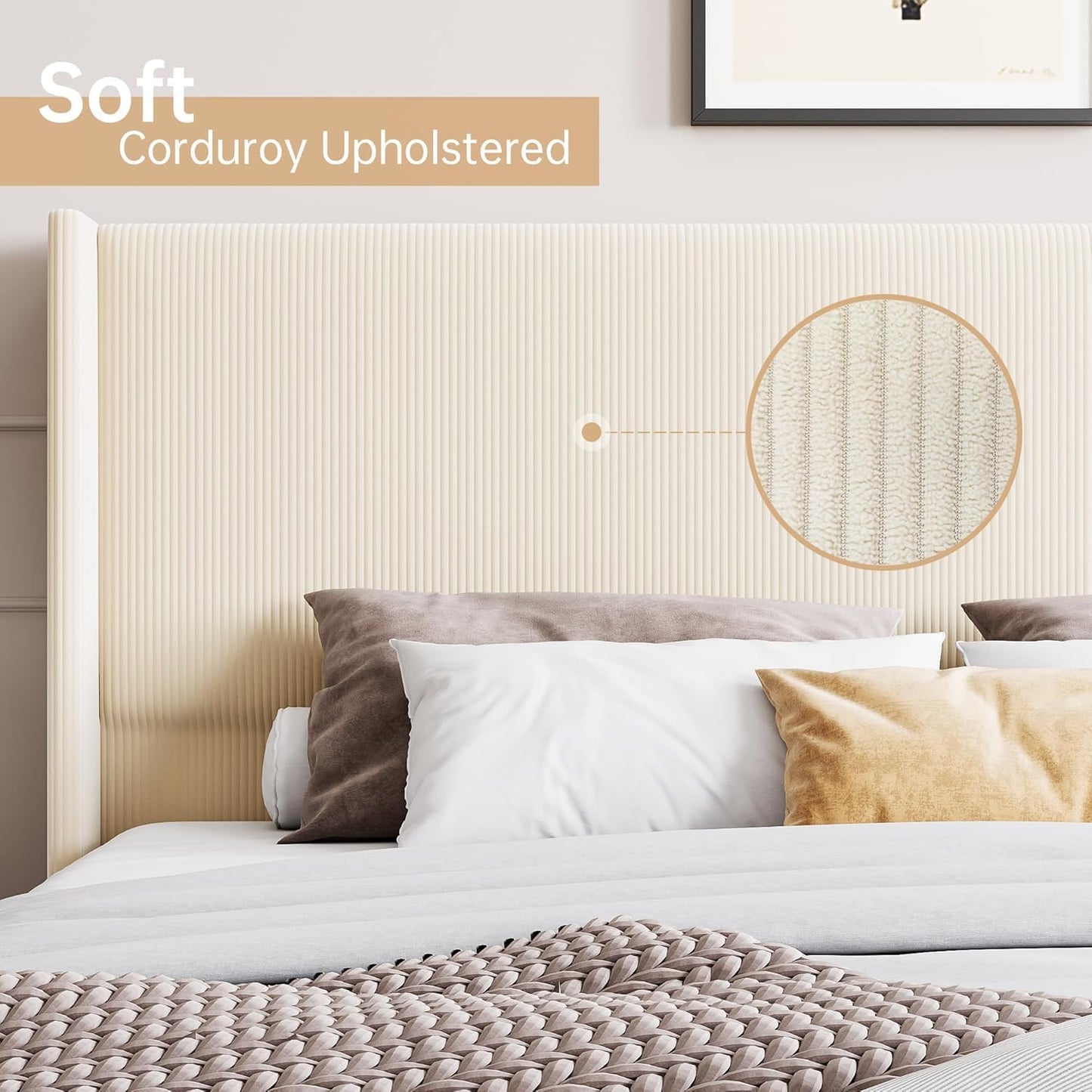 GarveeHome Queen Bed Frame, Upholstered Platform Corduroy Bed Frame with Vertical Channel Tufted Wingback Headboard, Strong Wooden Slats, No Box Spring Needed, Easy Assembly, Creamy Beige