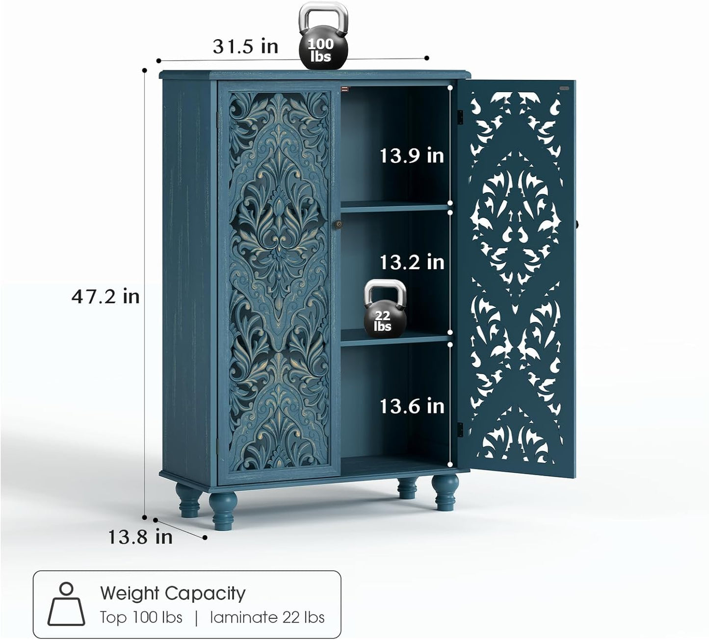 47" Tall Accent Cabinet with Doors and Shelves, Storage Cabinet with Solid Wood Legs for Living Room,Entryway,Dining Room,Bedroom,Blue
