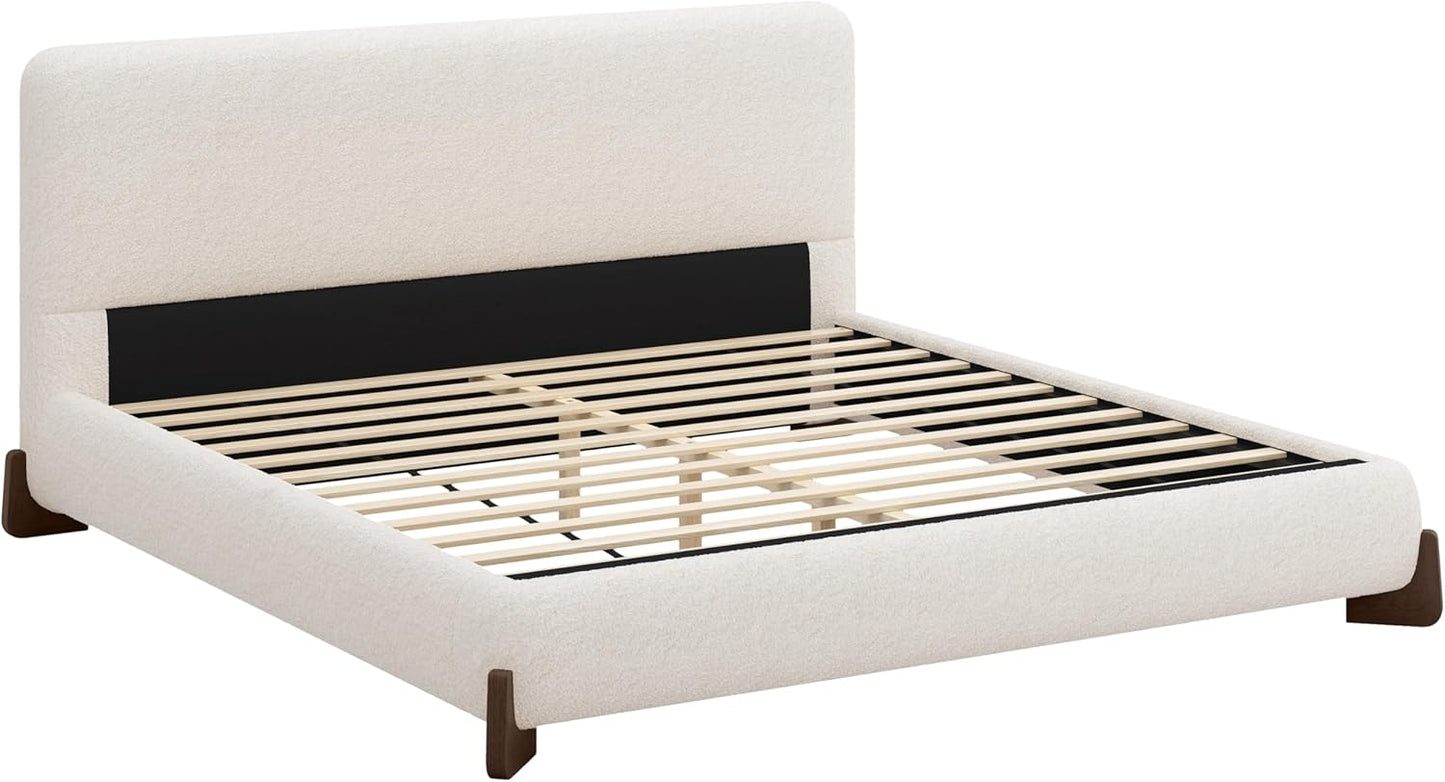Merax Boucle Upholstered Bed, King Bed Frame and Headboard, Platform Bedframe, No Box Spring Required, Easy Assembly, White