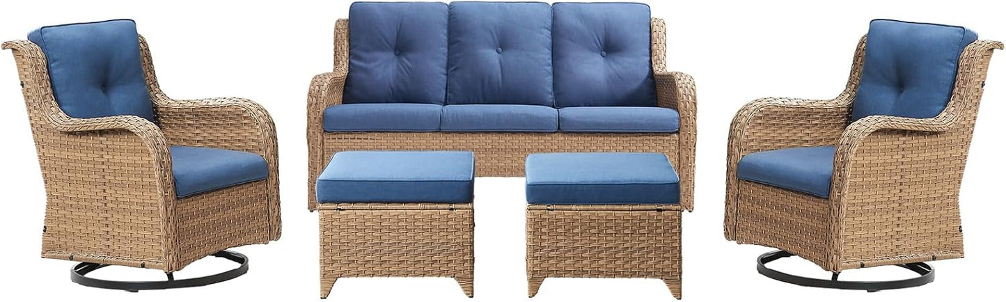Rilyson Wicker Rocking Chair Swivel Chairs - 4 Piece Rocker Patio Chairs Set Rattan Rocking Chair for Outdoor Porch Deck Garden Backyard(Mixed Grey/Blue)