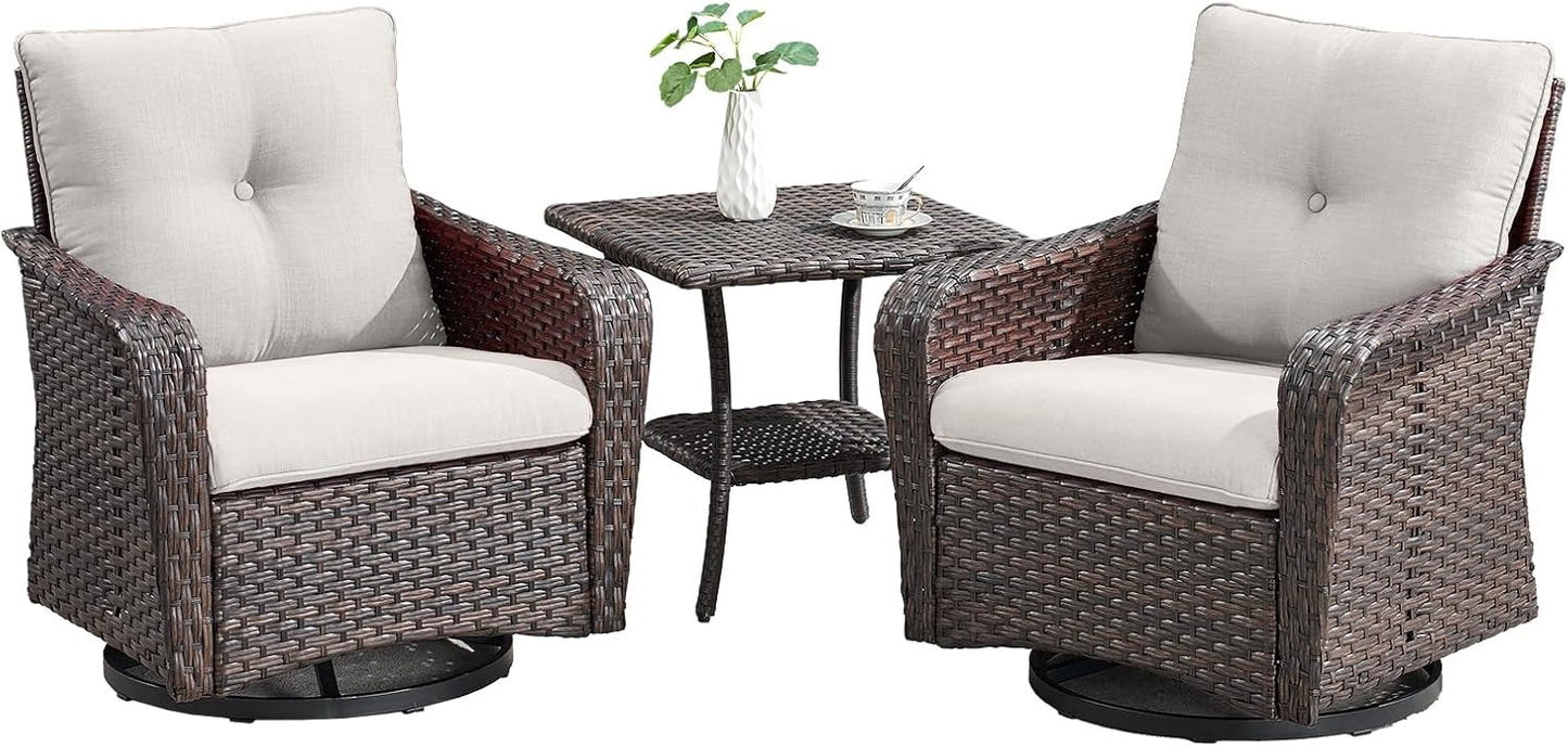 Rilyson Outdoor Patio Swivel Rocker Chairs - 3 PC Wicker Patio Bistro Sets with High Back,Comfy Cushions, Deep Seating and Side Table for Porch Deck Backyard Garden(Brown/Blue)