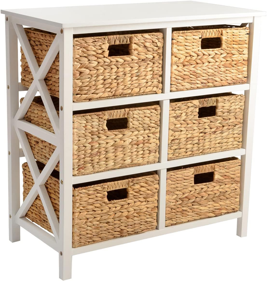 eHemco 3 Tier X-Side End Storage Cabinet with 6 Wicker Baskets, Walnut