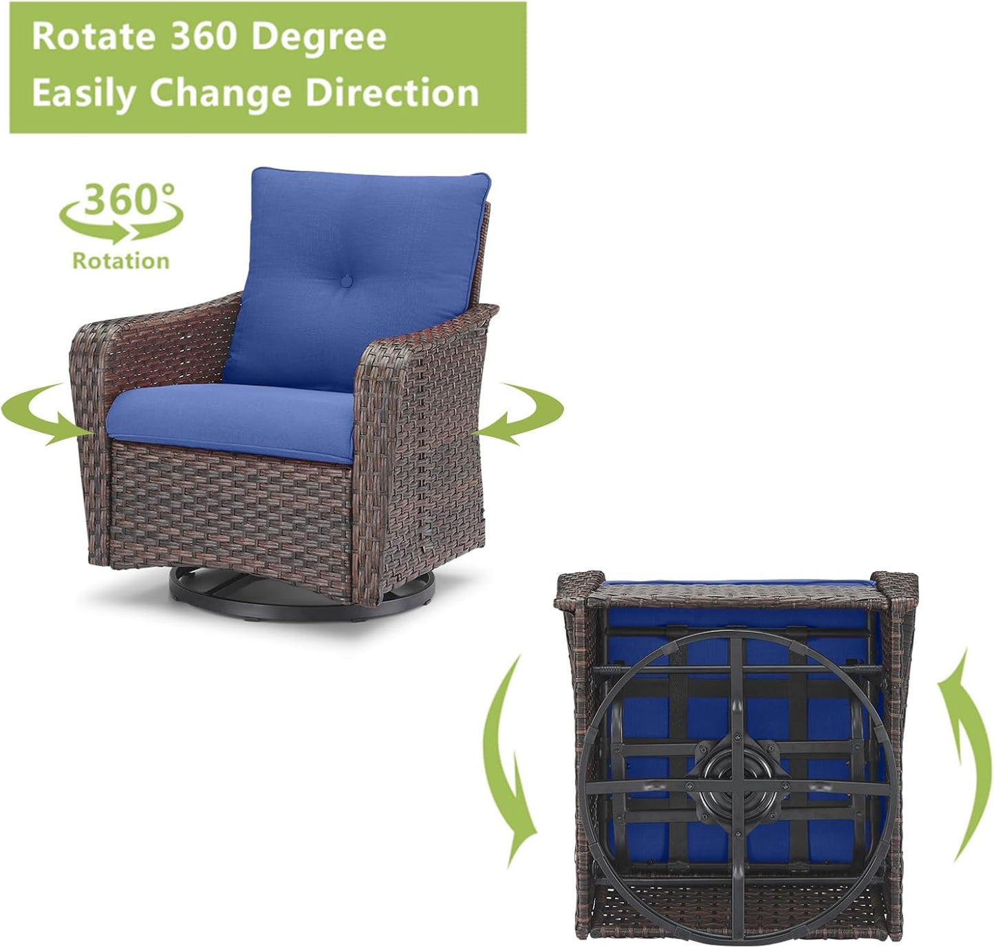 Rilyson Outdoor Patio Swivel Rocker Chairs - 3 PC Wicker Patio Bistro Sets with High Back,Comfy Cushions, Deep Seating and Side Table for Porch Deck Backyard Garden(Brown/Blue)
