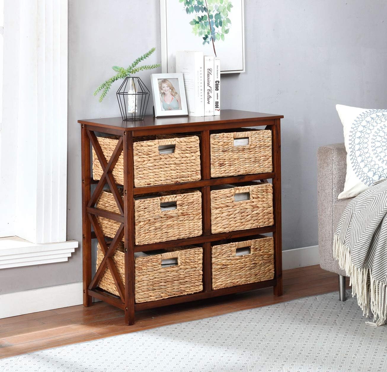 eHemco 3 Tier X-Side End Storage Cabinet with 6 Wicker Baskets, Walnut