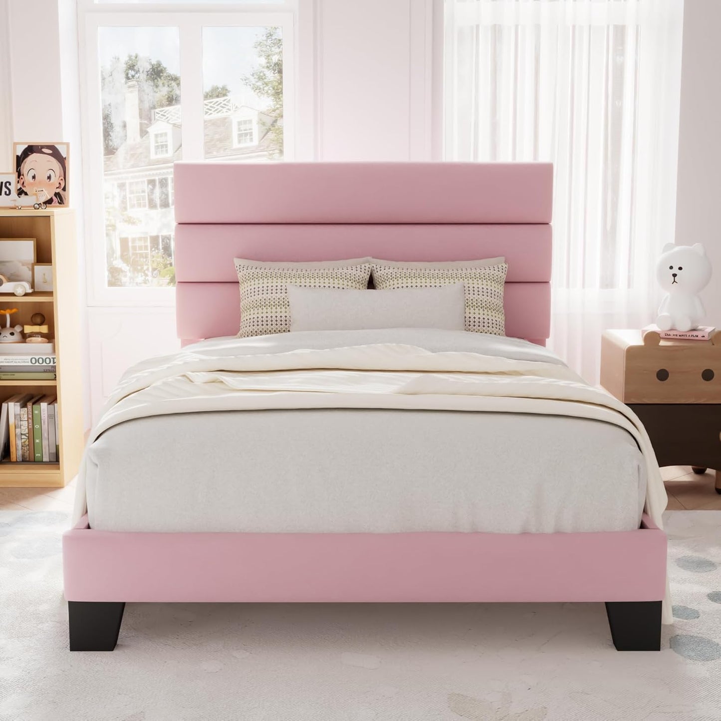 Allewie King Size Platform Bed Frame with Fabric Upholstered Headboard and Wooden Slats Support, Fully Upholstered Mattress Foundation/No Box Spring Needed/Easy Assembly, Beige