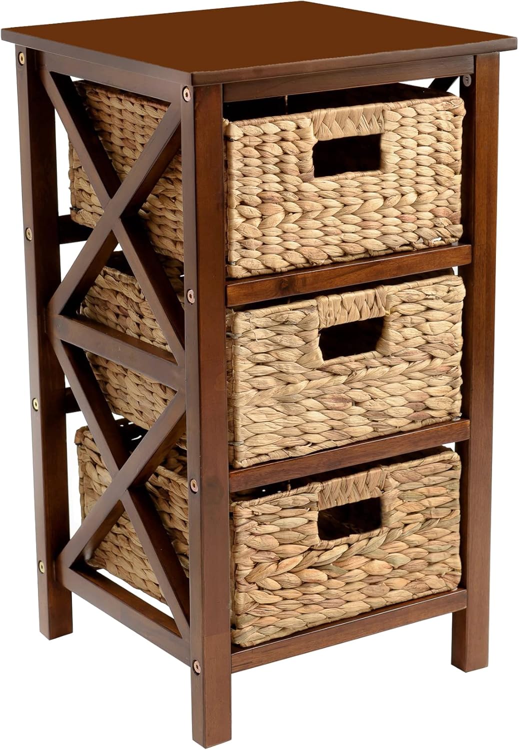 eHemco 3 Tier X-Side End Storage Cabinet with 6 Wicker Baskets, Walnut