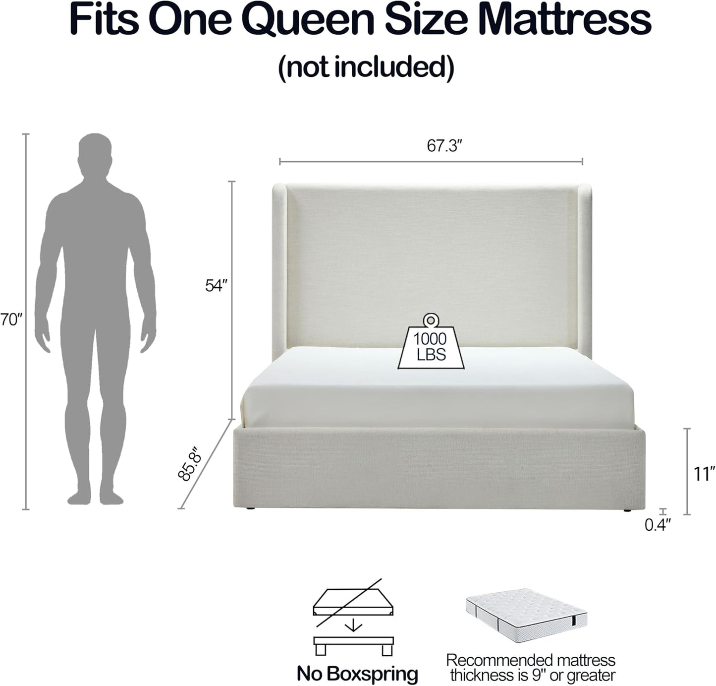 Queen Size Upholstered Platform Bed Frame, 54" High Headboard Carmen Wingback Bed, Fully Upholstered Mattress Foundation, No Box Spring Needed No Noise, Minimalist, Textured Ivory