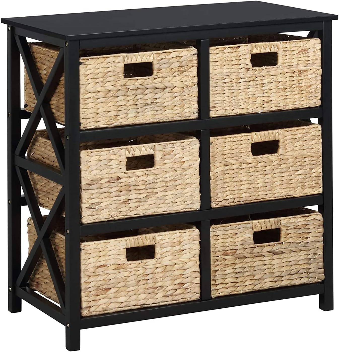 eHemco 3 Tier X-Side End Storage Cabinet with 6 Wicker Baskets, Walnut