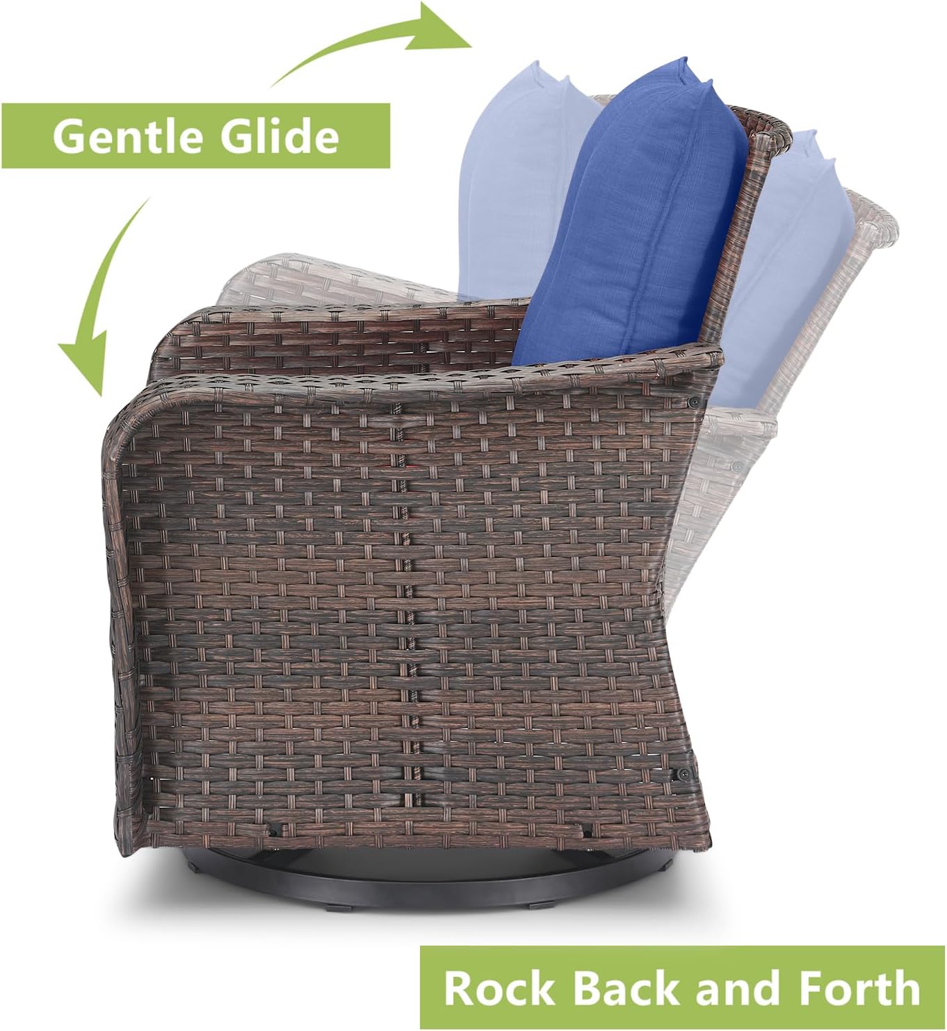 Rilyson Outdoor Patio Swivel Rocker Chairs - 3 PC Wicker Patio Bistro Sets with High Back,Comfy Cushions, Deep Seating and Side Table for Porch Deck Backyard Garden(Brown/Blue)
