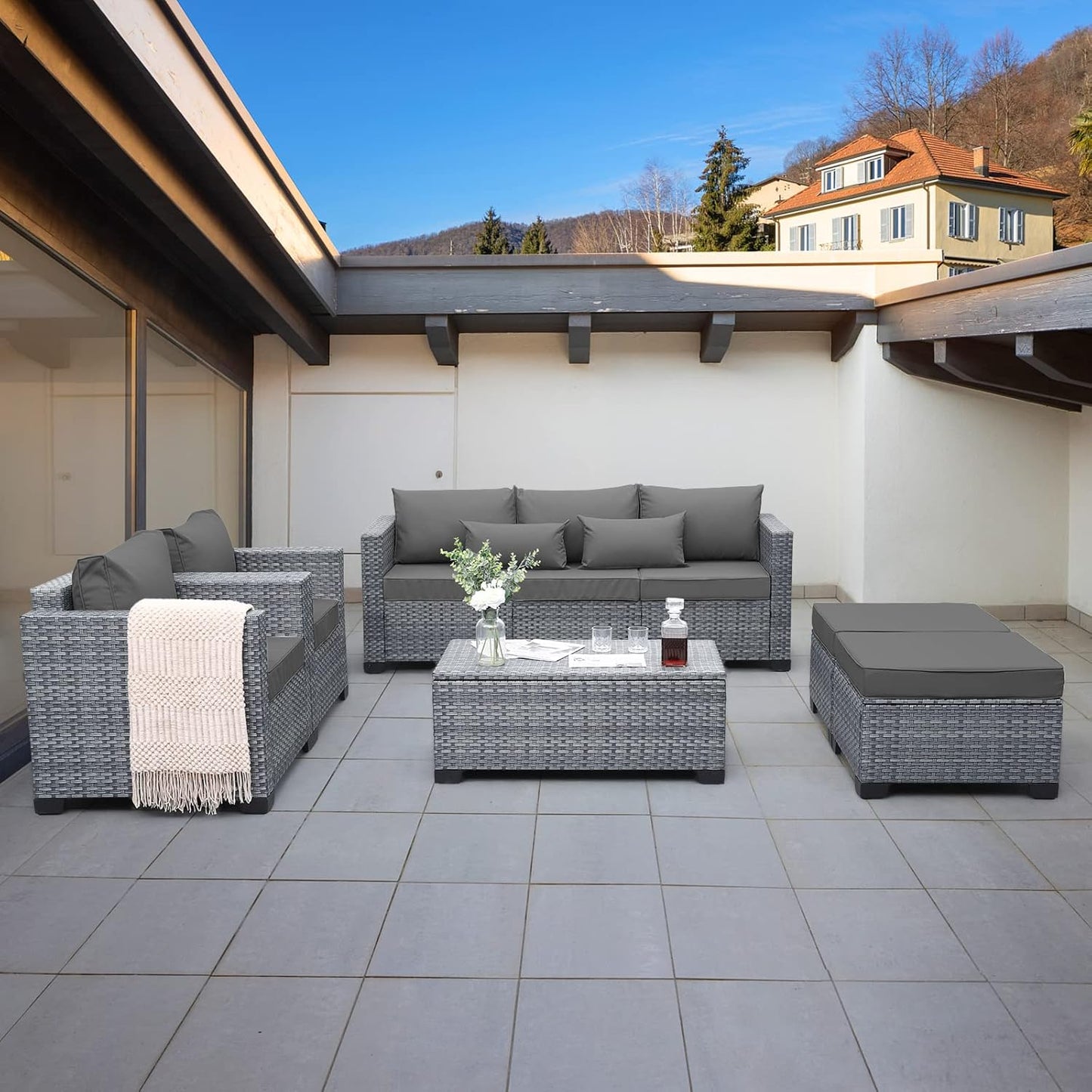 6 Pieces Wicker Patio Furniture Sets Outdoor Conversation Set PE Rattan Sectional Sofa Couch with Storage Table and Grey Cushions