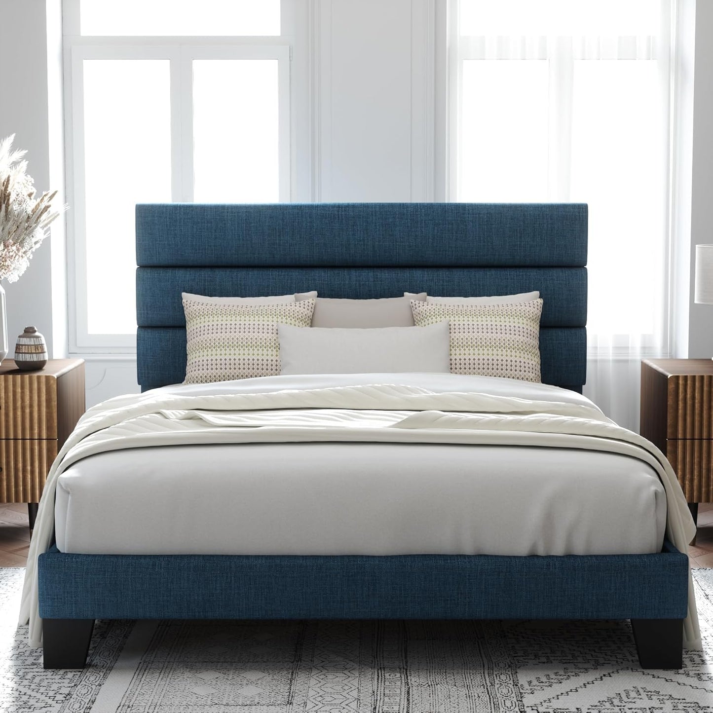 Allewie King Size Platform Bed Frame with Fabric Upholstered Headboard and Wooden Slats Support, Fully Upholstered Mattress Foundation/No Box Spring Needed/Easy Assembly, Beige
