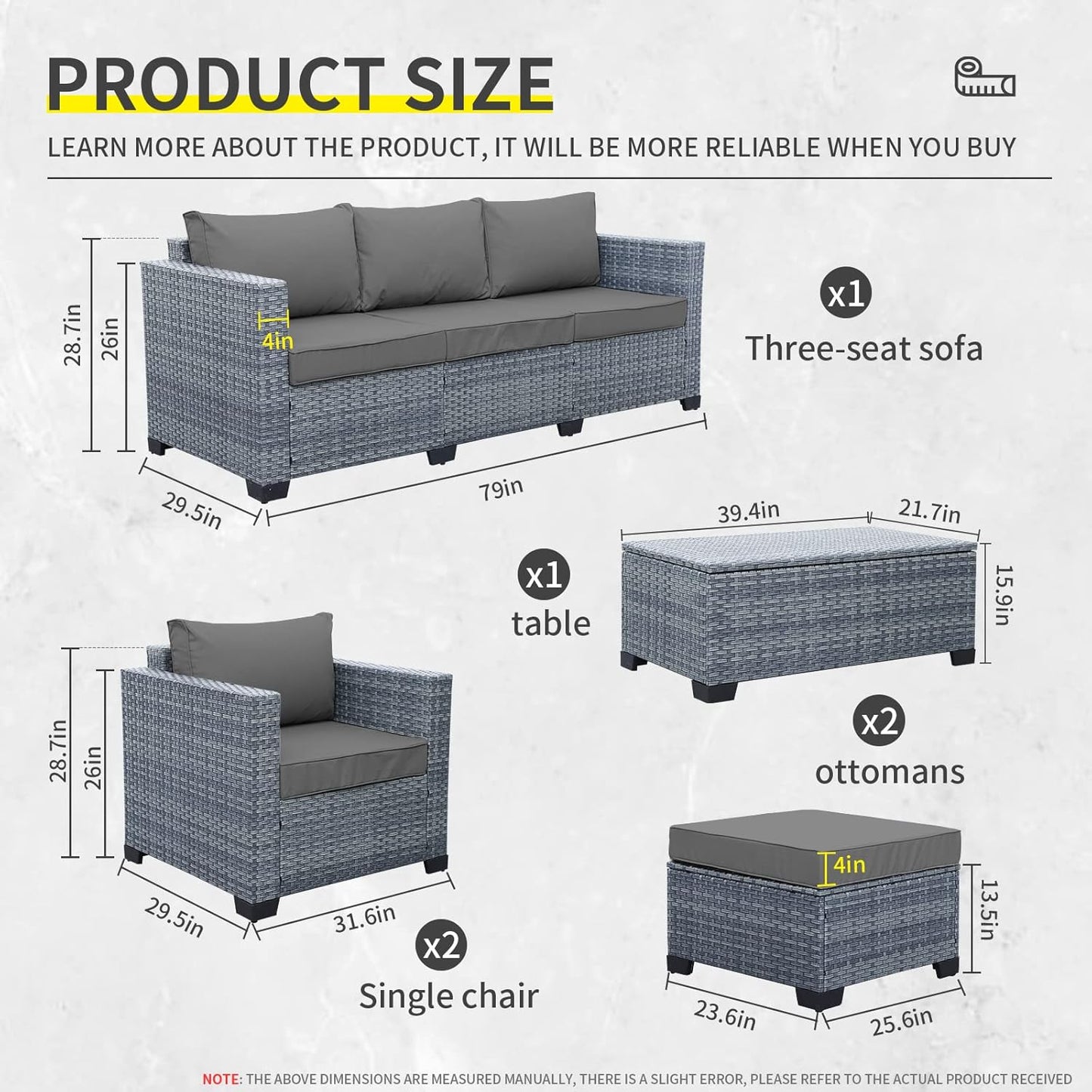 6 Pieces Wicker Patio Furniture Sets Outdoor Conversation Set PE Rattan Sectional Sofa Couch with Storage Table and Grey Cushions