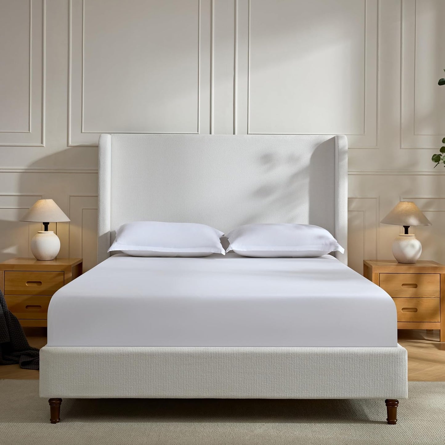 Queen Size Upholstered Platform Bed Frame, 54" High Headboard Carmen Wingback Bed, Fully Upholstered Mattress Foundation, No Box Spring Needed No Noise, Minimalist, Textured Ivory