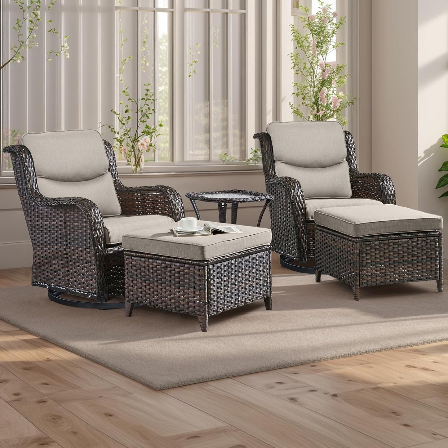 Rilyson Wicker Rocking Chair Swivel Chairs - 4 Piece Rocker Patio Chairs Set Rattan Rocking Chair for Outdoor Porch Deck Garden Backyard(Mixed Grey/Blue)