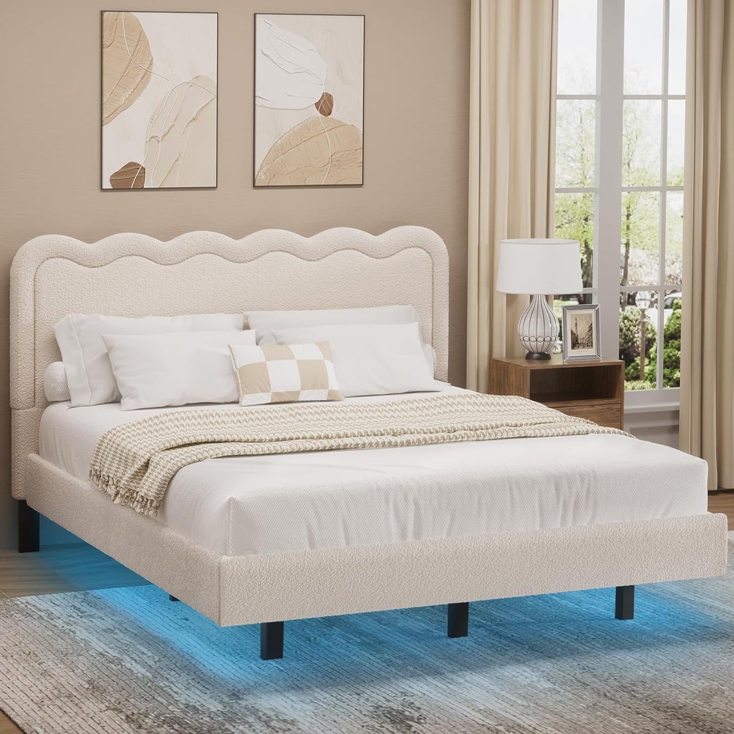 Queen Size Boucle Bed Frame, Modern Cream Bed Frame with Headboard, Soft Rounded Corners, No Box Spring Required, Adjustable Headboard, Easy Assembly