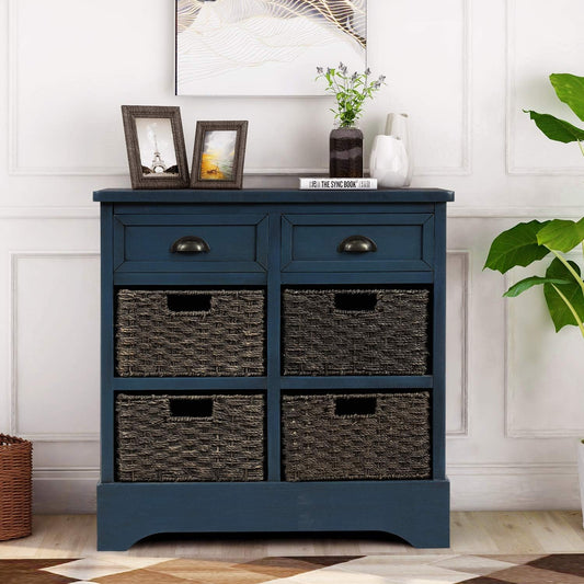 Harper & Bright Designs Rustic Storage Cabinet, Accent Storage Cabinet with 2 Drawers and 4 Classic Fabric Basket for Kitchen/Entryway/Living Room, Antique Navy