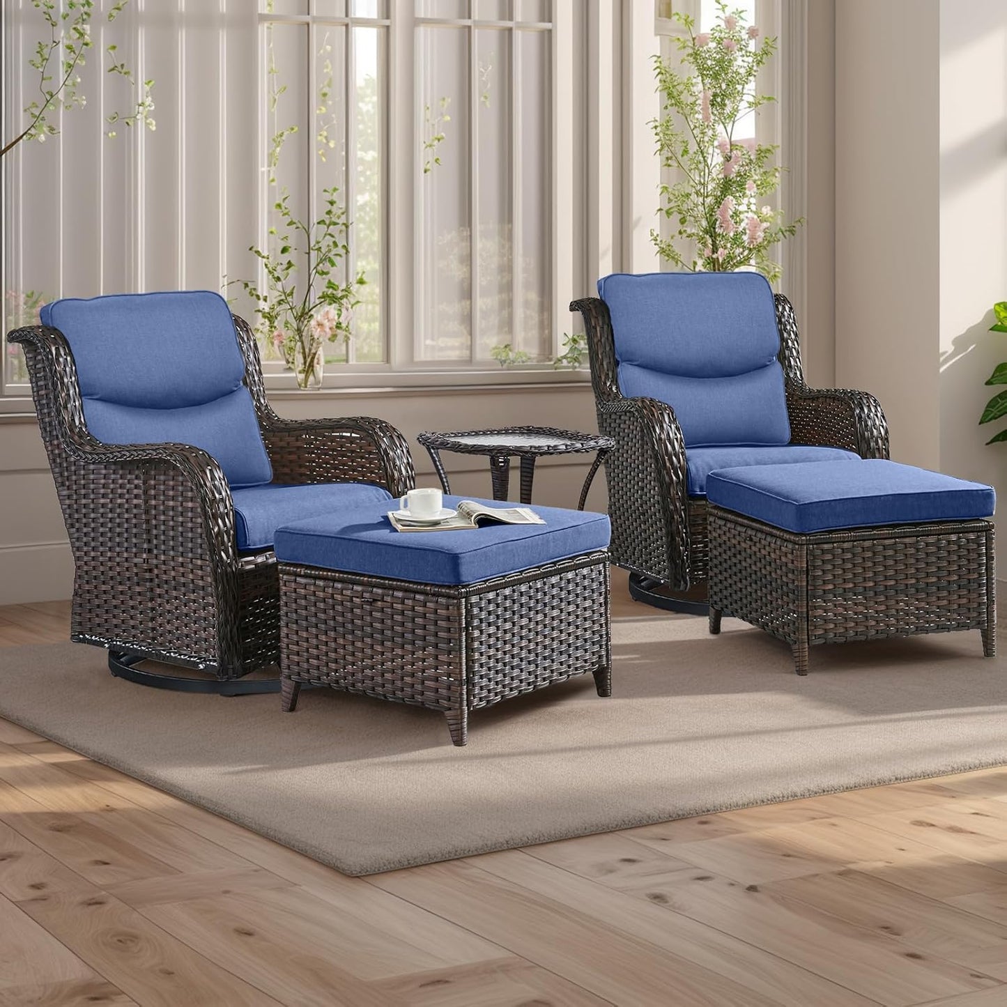 Rilyson Wicker Rocking Chair Swivel Chairs - 4 Piece Rocker Patio Chairs Set Rattan Rocking Chair for Outdoor Porch Deck Garden Backyard(Mixed Grey/Blue)