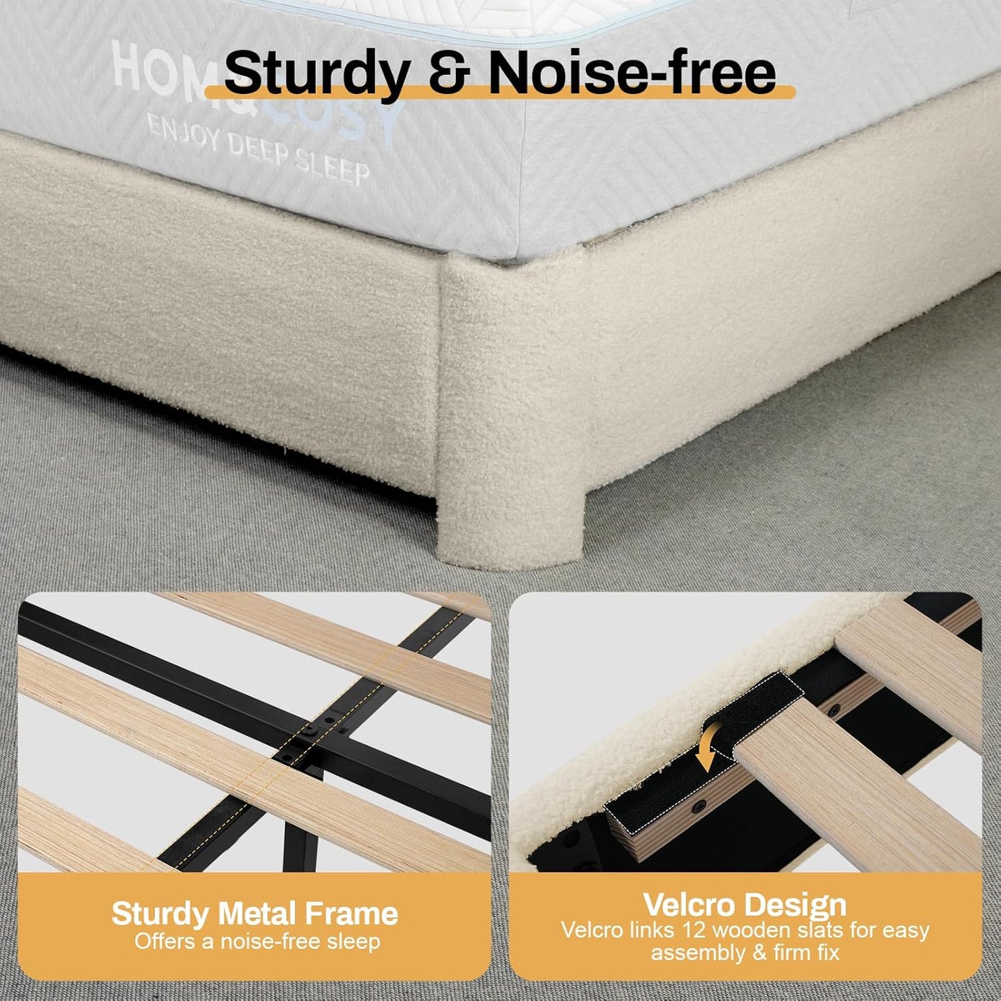 Queen Size Boucle Bed Frame, Modern Cream Bed Frame with Headboard, Soft Rounded Corners, No Box Spring Required, Adjustable Headboard, Easy Assembly