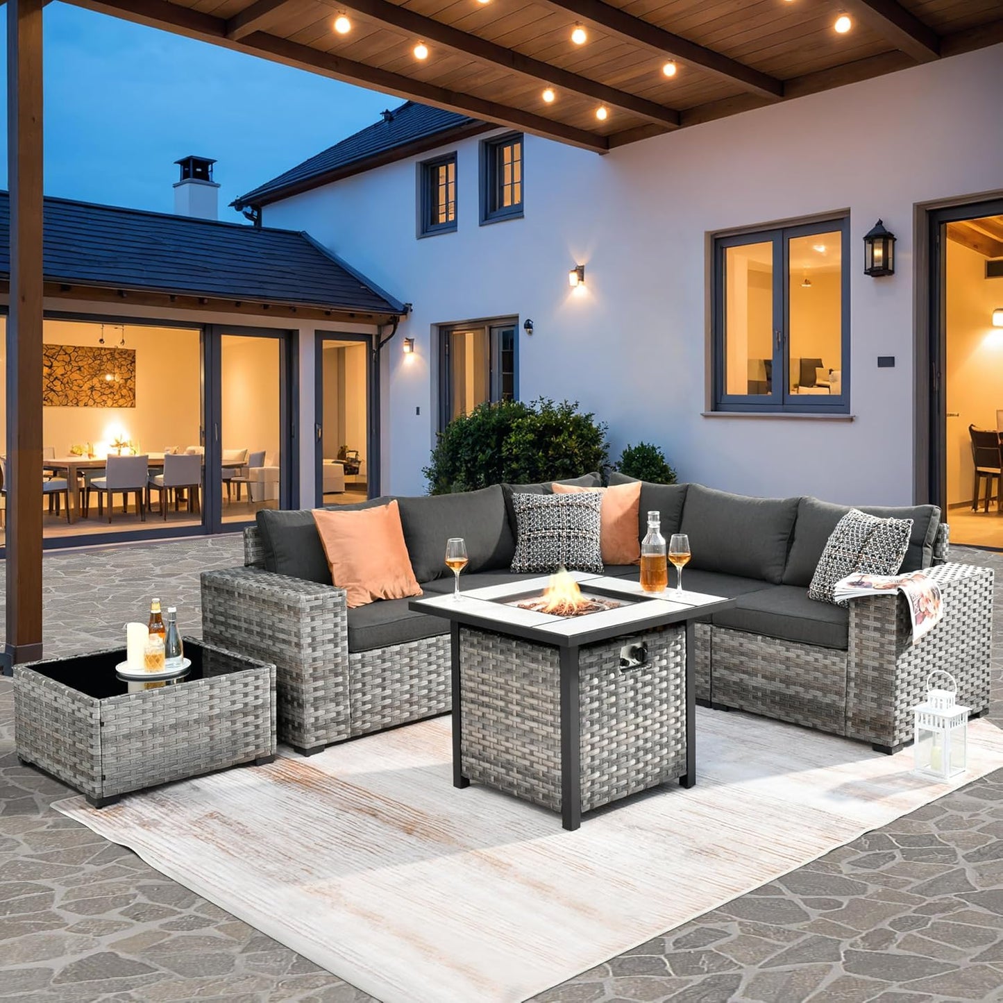ovios 6 Pieces Patio Furniture Set, Outdoor Wicker Sectional Sofa with Glass Table Comfy Cushions, Modern Modular Deep Seat Couch Rattan Conversation Set, Denim Blue